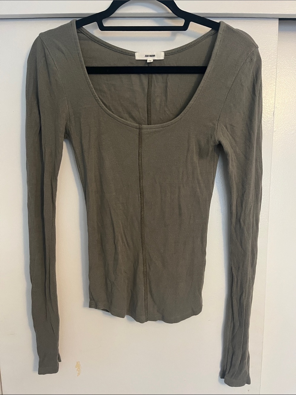 Joah Brown Sage Green Ribbed Scoop Neck Long Sleeve Top